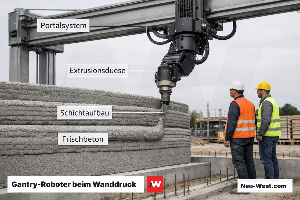 Industrieller Portaldrucker extrudiert Betonmörtel schichtweise auf einer Baustelle, Arbeiter beobachten den Prozess.
