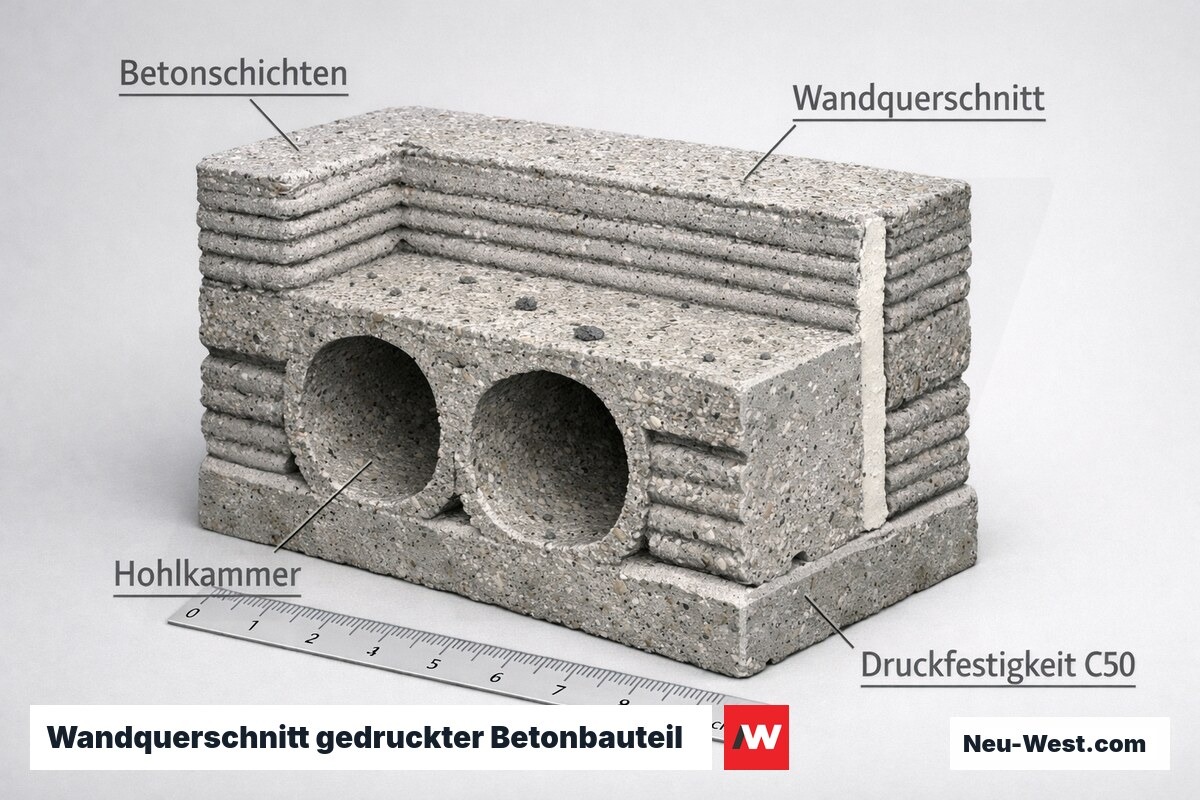 Querschnitt einer 3D-gedruckten Betonwand zeigt horizontale Schichtstreifen, Hohlkammern und Betonmatrix mit Zuschlagskörnern.