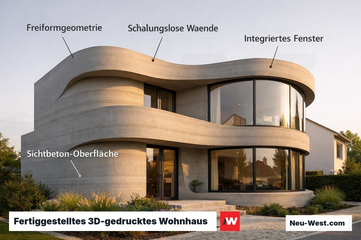 Modernes Einfamilienhaus mit geschwungener Betonfassade aus dem 3D-Drucker, horizontale Schichtlinien an der Außenwand sichtbar.