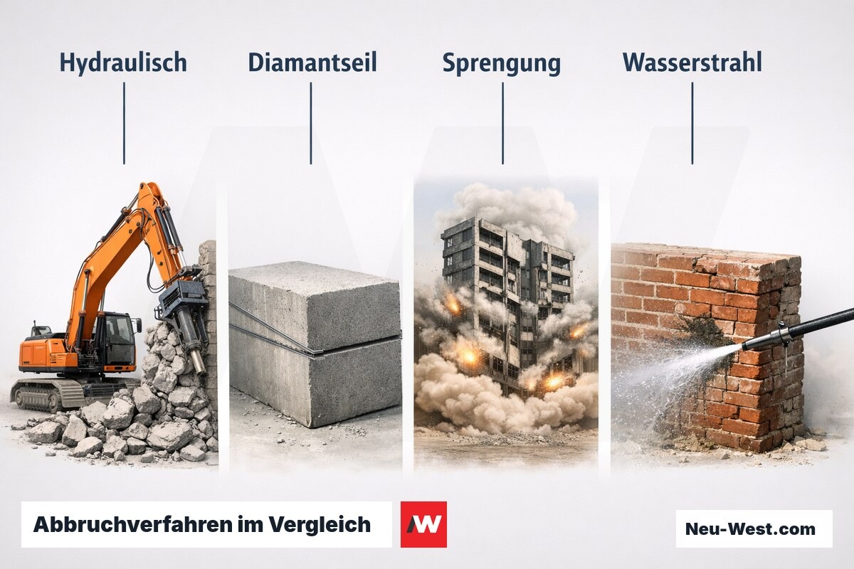 Abbruchverfahren im Vergleich: Technik, Präzision, Einsatzbereich – Erklär-Grafik (NEUWEST Berlin)