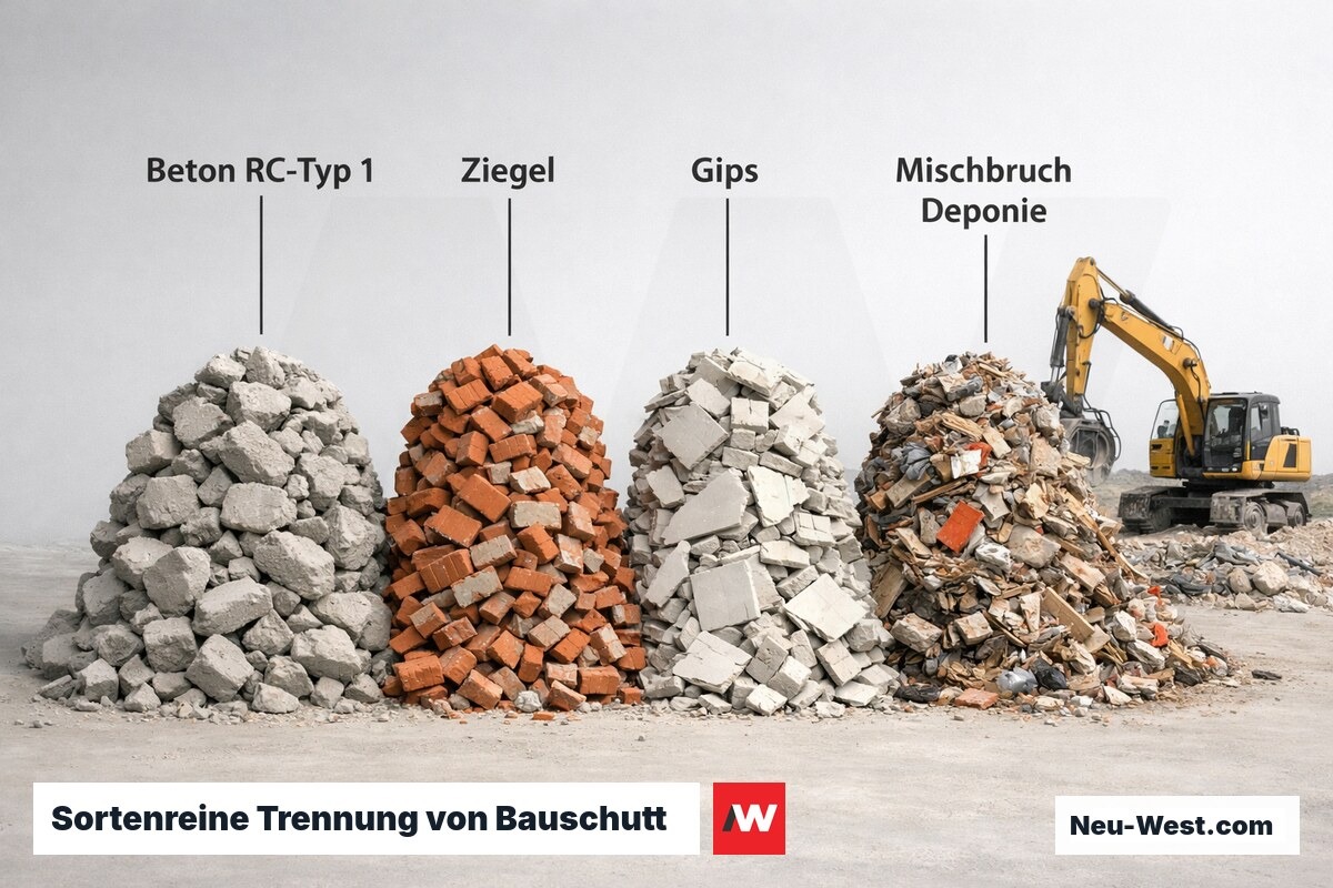 Sortenreine Trennung von Bauschutt: Beton, Ziegel und Gips getrennt erfassen, Mischbruch zur Deponie – Erklär-Illustration (NEUWEST Berlin)