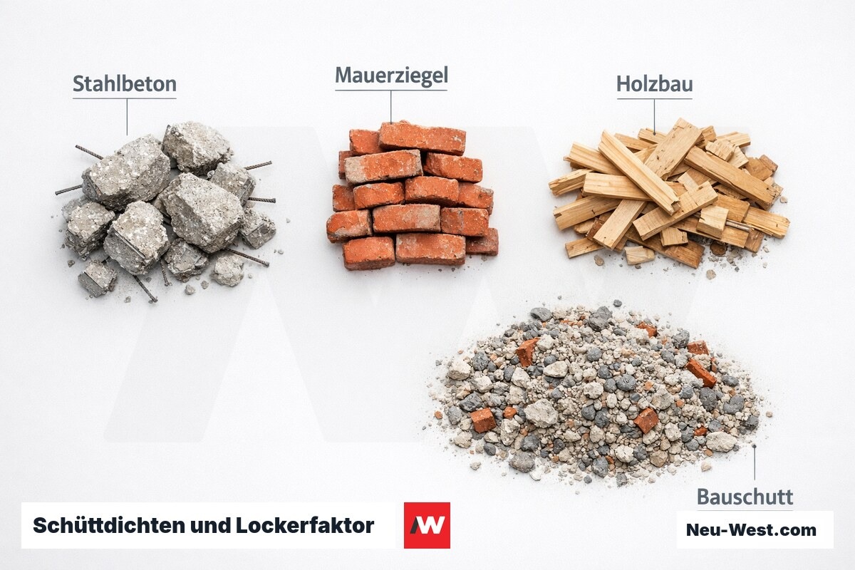 Schüttdichten und Lockerfaktor — Grundlage der Containerplanung – Erklär-Grafik (NEUWEST Berlin)