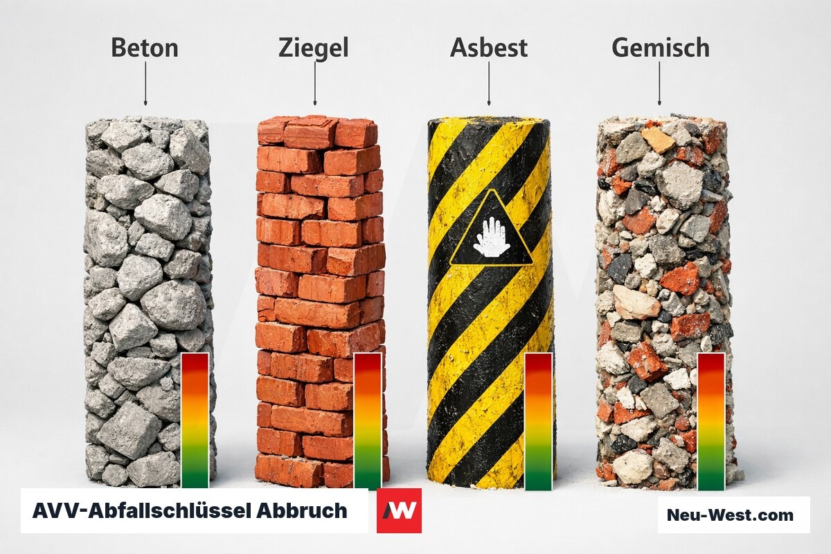 AVV-Abfallschlüssel Abbruch: Entsorgungspfad und Kostenklasse – Erklär-Grafik (NEUWEST Berlin)