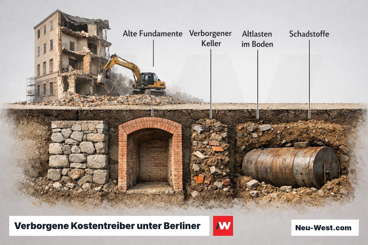 Verborgene Kostentreiber unter Berliner Altbauten: alte Fundamente, verborgener Keller, Altlasten und Schadstoffe im Boden – Erklär-Illustration (NEUWEST Berlin)