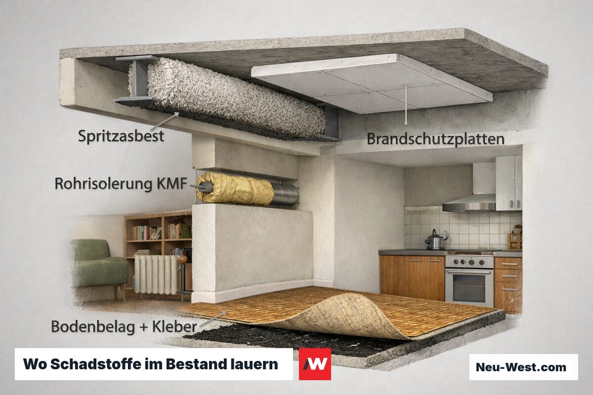 Wo Schadstoffe im Bestand lauern: Spritzasbest, KMF-Rohrisolierung, Brandschutzplatten und alte Bodenbeläge – Erklär-Illustration (NEUWEST Berlin)