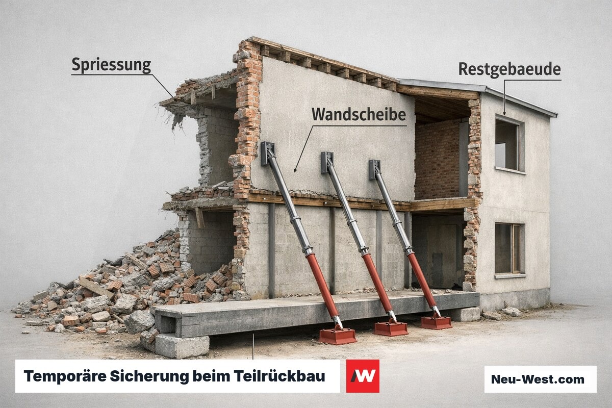 Temporäre Sicherung beim Teilrückbau: Sprießungen und Unterfangung stabilisieren das Restgebäude – Erklär-Illustration (NEUWEST Berlin)