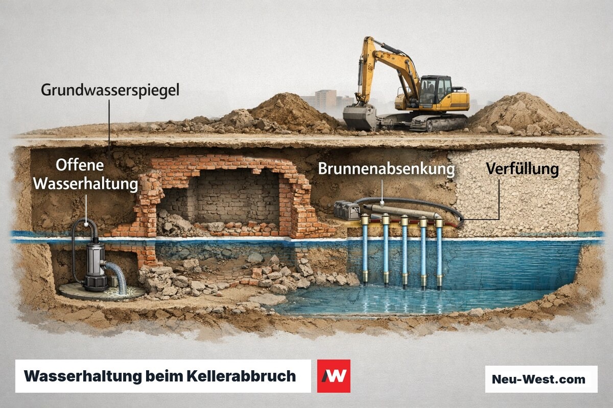 Wasserhaltung beim Kellerabbruch: Grundwasserspiegel, offene Wasserhaltung, Brunnenabsenkung und Verfüllung – Erklär-Illustration (NEUWEST Berlin)