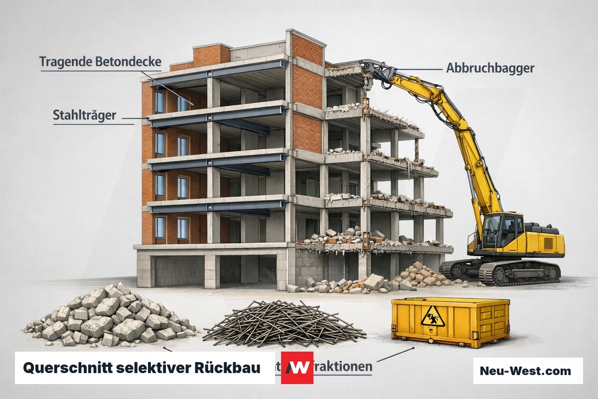 Querschnitt eines Gebäudes im selektiven Rückbau mit Betondecken, Stahlträgern, Abbruchbagger und getrennt erfassten Materialfraktionen.