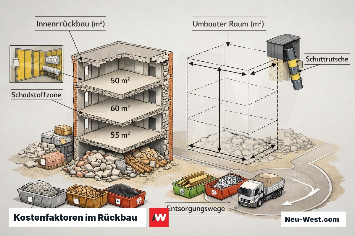 Querschnitt-Diagramm eines Gebäudes: Innenrückbau nach Quadratmeter, Gebäudeabbruch nach Kubikmeter, markierte Schadstoffzone und getrennte Entsorgungswege.