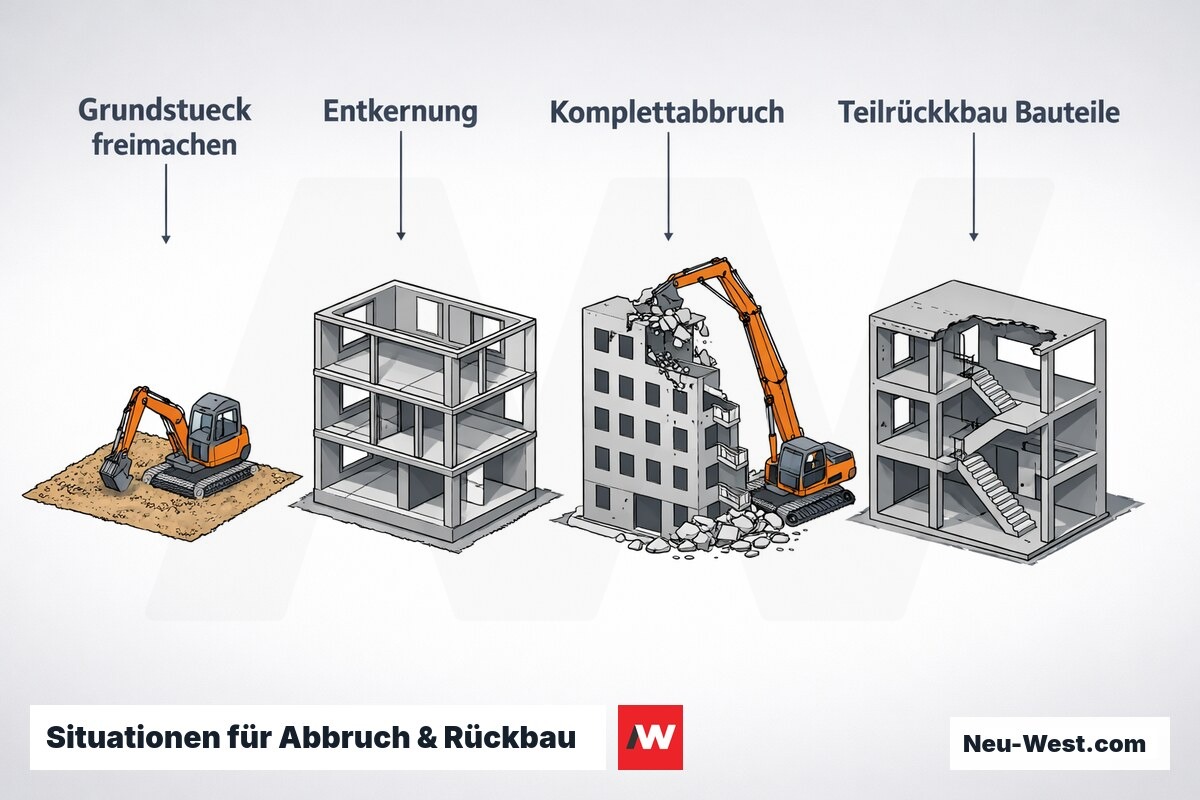 Vier Szenen im Vergleich: Grundstück freimachen, Entkernung, Komplettabbruch und Teilrückbau einzelner Bauteile wie Decken und Treppen.