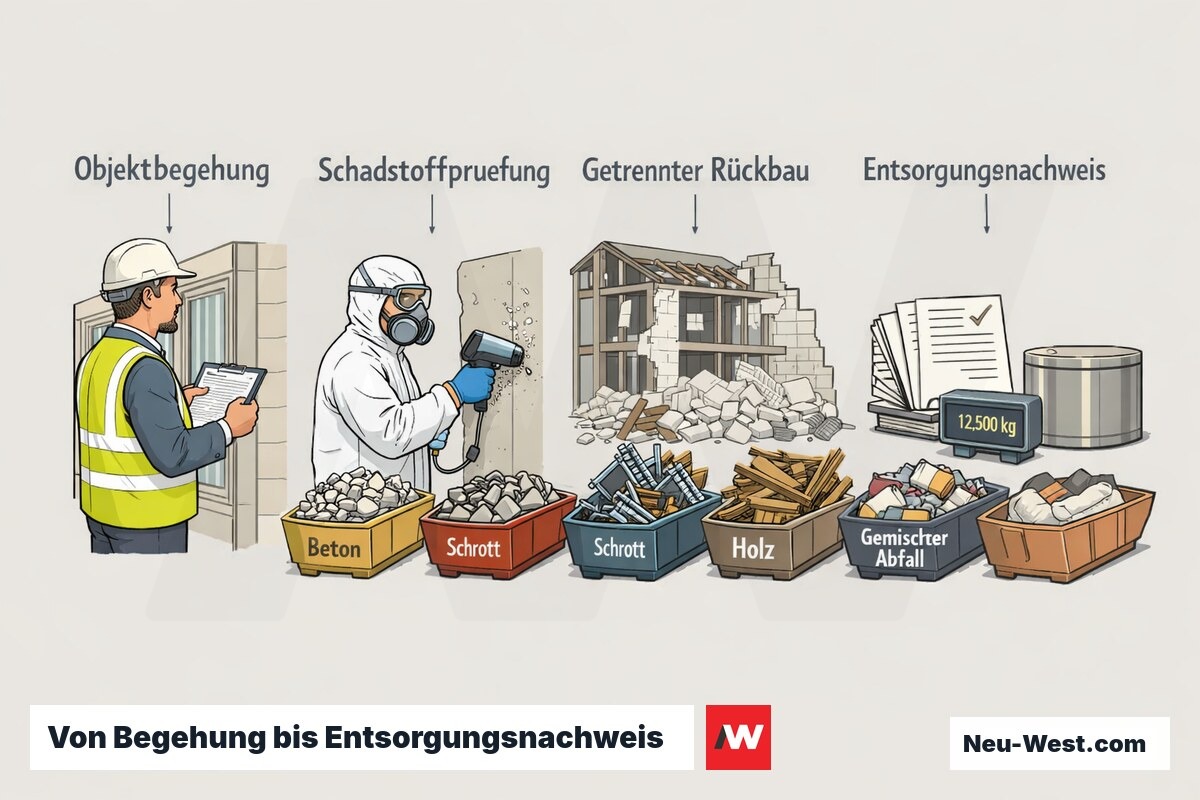 Prozessablauf: Objektbegehung, Schadstoffprüfung, sortenreiner Rückbau in getrennte Container und dokumentierte Entsorgungsnachweise.