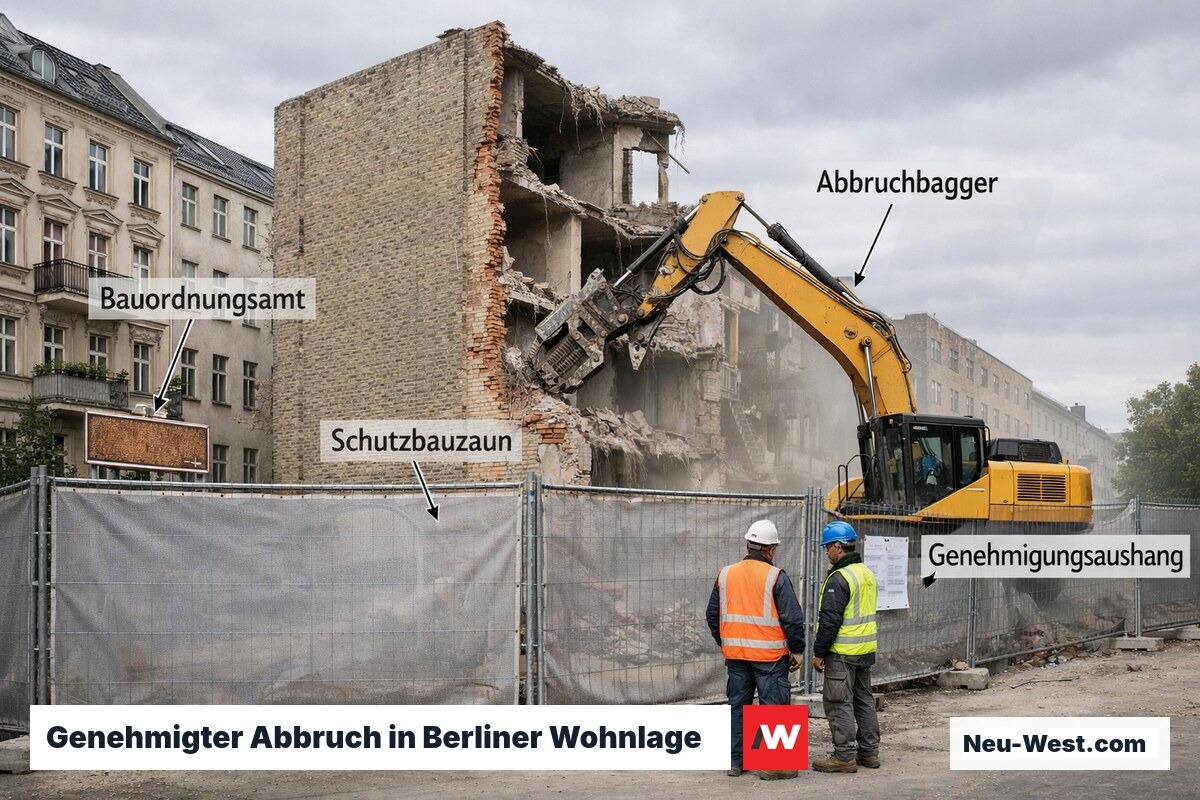 Abriss eines Berliner Altbaus mit Bagger und Schutzbauzaun, Genehmigungsurkunde am Bauzaun ausgehängt.