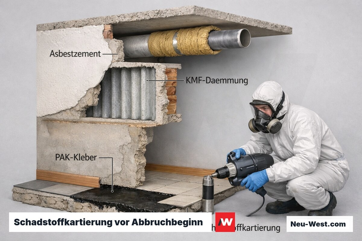 Schnittdarstellung Gebäudewand mit Asbest, Mineralwolle und PAK-Kleber, Experte entnimmt Materialproben in Schutzausrüstung.