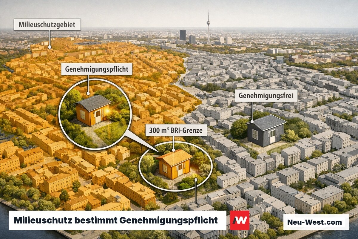 Berliner Stadtkarte mit Milieuschutzgebieten in Amber, Vergleich genehmigungspflichtiger und genehmigungsfreier Abbruch.