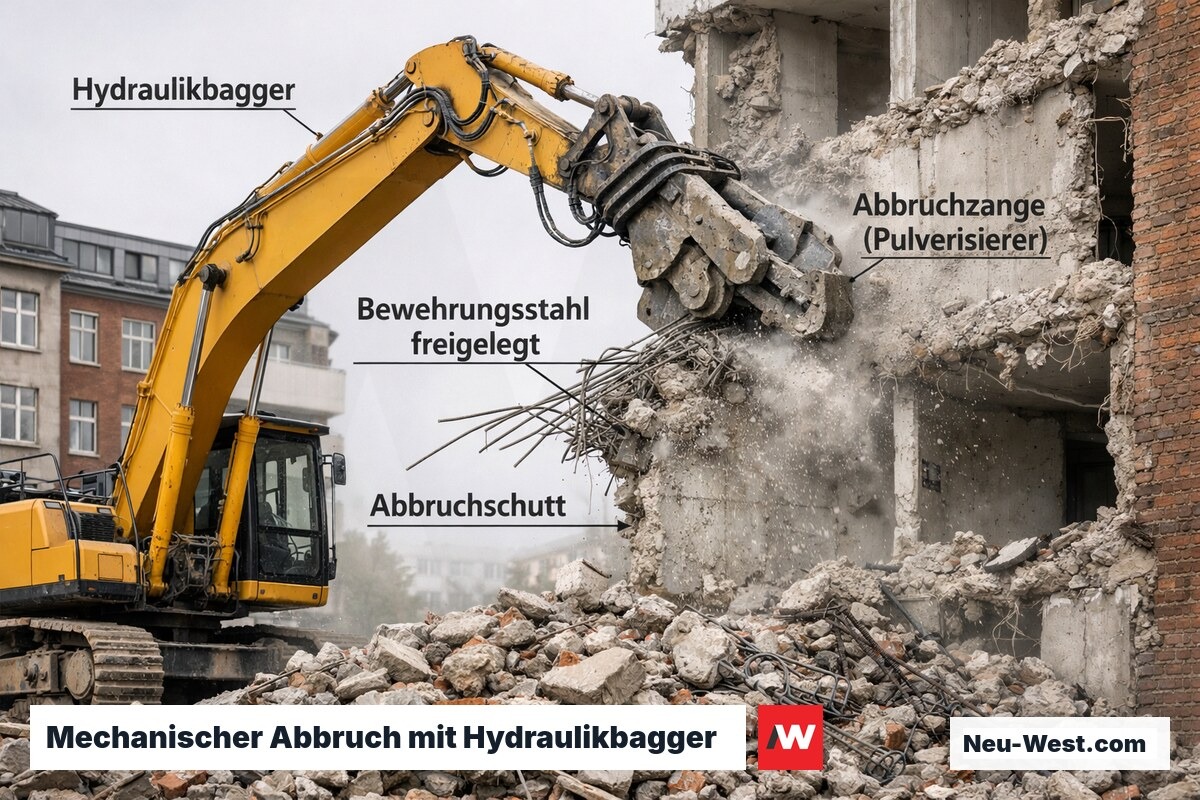 Hydraulikbagger mit Abbruchzange greift Stahlbetonwand eines teilabgerissenen Stadtgebäudes; Stahlbewehrung und Schuttmaterial sichtbar.