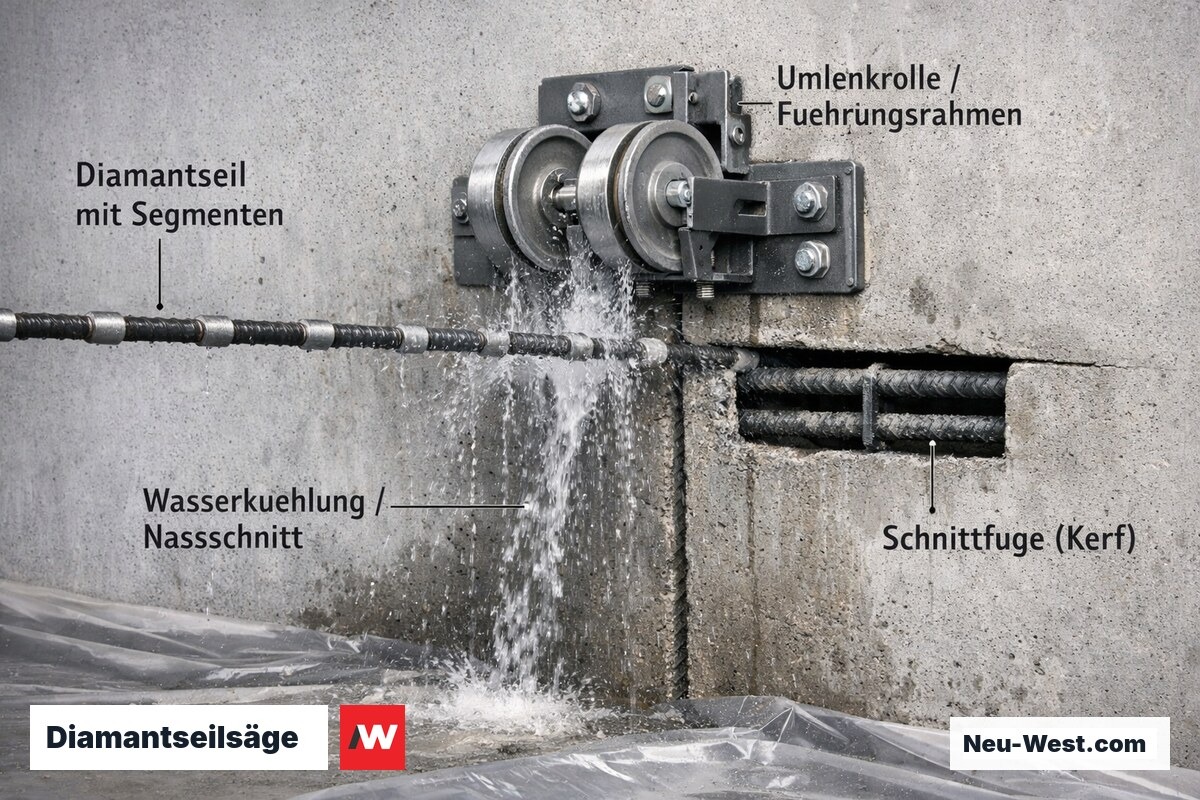 Diamantseilsäge schneidet präzise durch Stahlbetonwand; Seil mit Diamantsegmenten, Wasserkühlung und saubere Schnittfuge sichtbar.