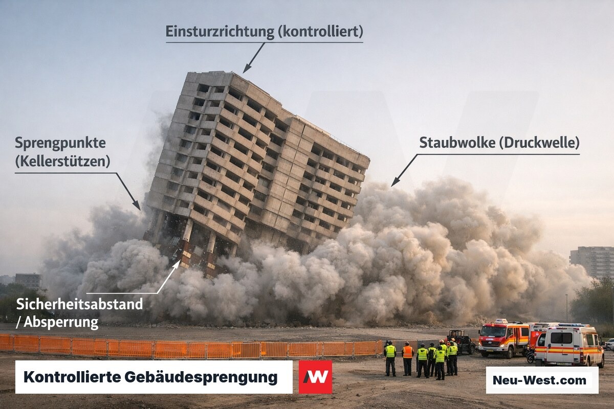 Kontrollierte Sprengung eines Plattenbau-Hochhauses; Einsturz symmetrisch nach innen, große Staubwolke, Sicherheitszone im Vordergrund.