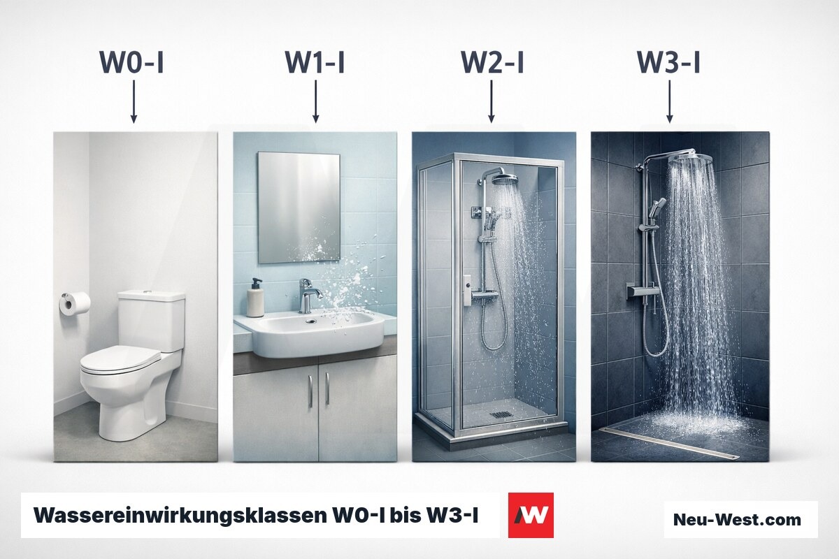 Wassereinwirkungsklassen W0-I bis W3-I nach DIN 18534 – Erklär-Grafik (NEUWEST Berlin)