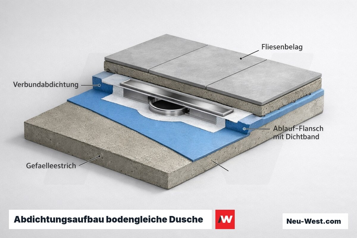 Querschnitt einer bodengleichen Dusche mit Gefälleestrich, Flanschablauf, Verbundabdichtung und Dichtband bei geringer Aufbauhöhe im Altbau.