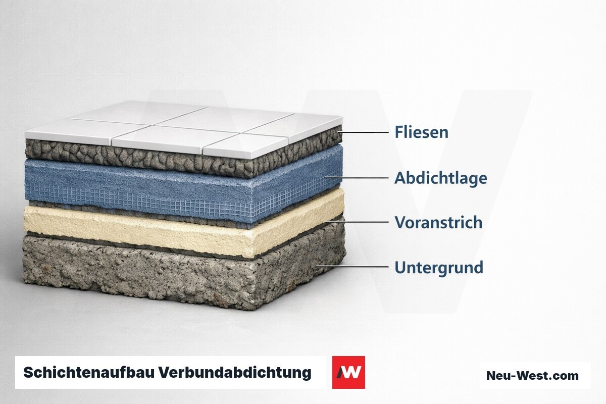 Schichtenaufbau Verbundabdichtung nach DIN 18534 – Erklär-Grafik (NEUWEST Berlin)