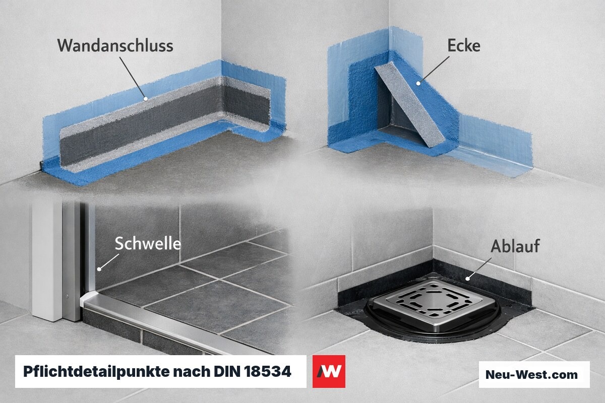 Pflichtdetailpunkte nach DIN 18534: Anschlüsse im Nassbereich – Erklär-Grafik (NEUWEST Berlin)