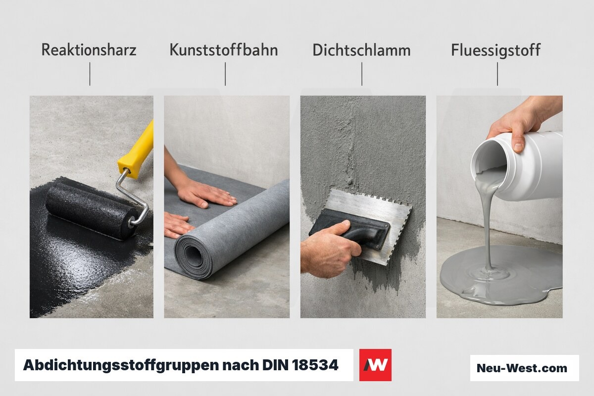 Abdichtungsstoffgruppen nach DIN 18534 im Vergleich – Erklär-Grafik (NEUWEST Berlin)