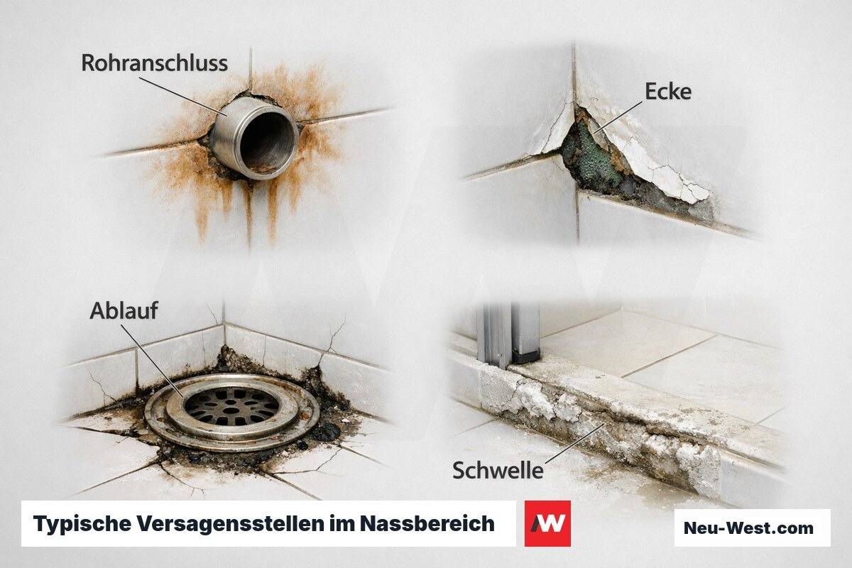Typische Versagensstellen im Nassbereich – Erklär-Grafik (NEUWEST Berlin)