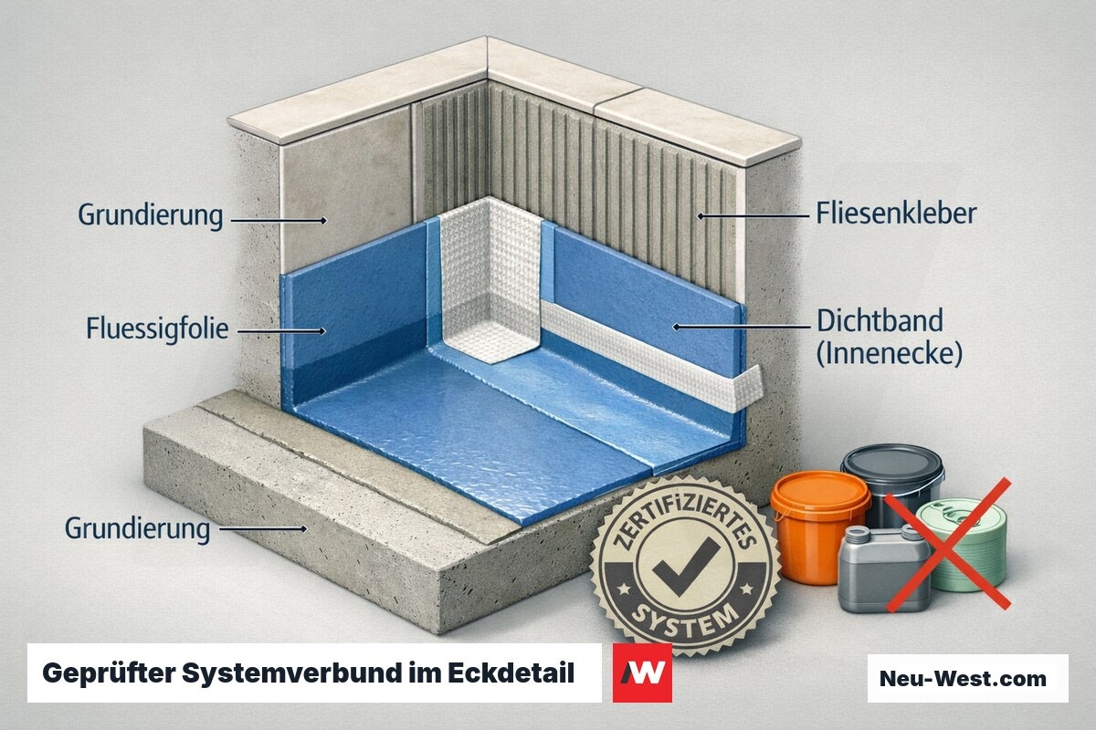 Querschnitt einer Bad-Eckabdichtung nach DIN 18534: Grundierung, Flüssigfolie, Dichtband und Fliesenkleber als ein zugelassener Systemverbund.