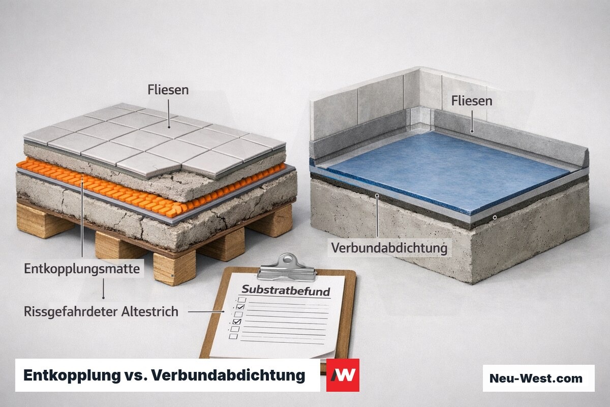 Querschnitt-Vergleich: Entkopplungsmatte auf rissigem Altestrich links, Verbundabdichtung auf festem Untergrund rechts, mit Substratbefund.