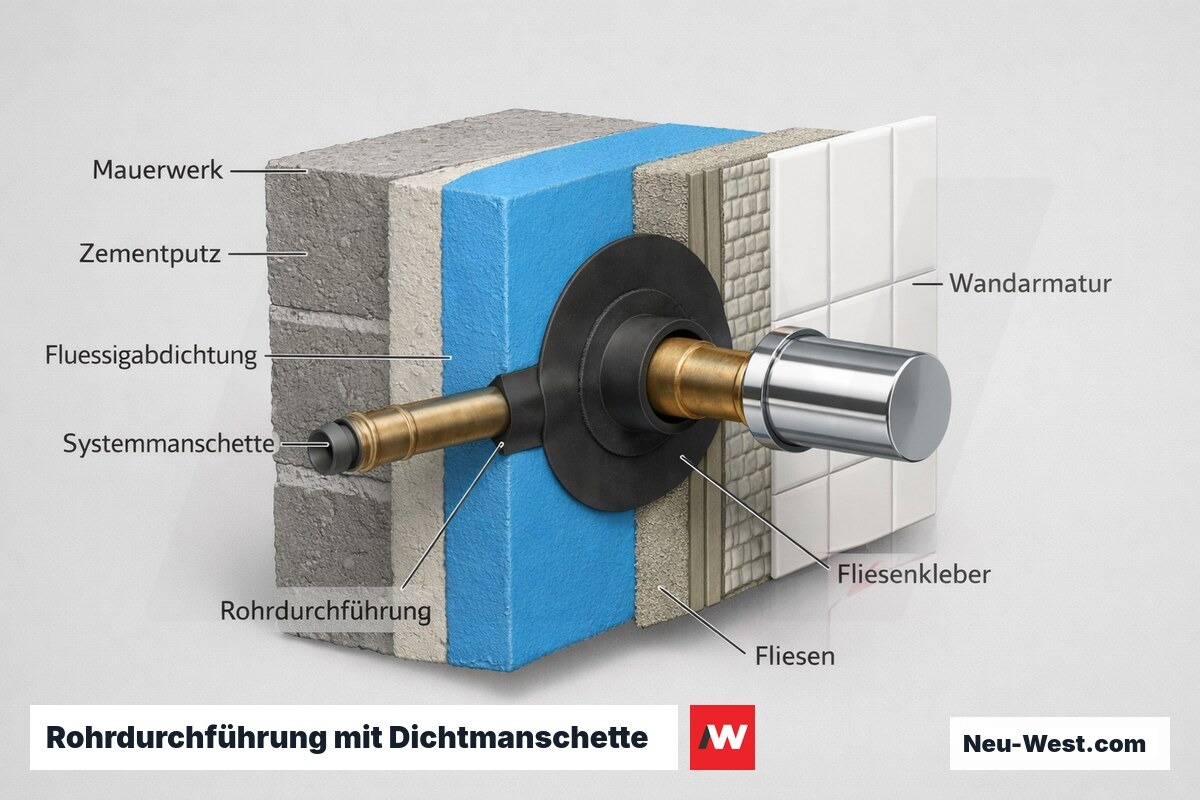 Querschnitt einer Nassbereich-Wand: Rohrdurchführung hinter Wandarmatur mit systemzugelassener Dichtmanschette in der Flüssigabdichtungsebene.