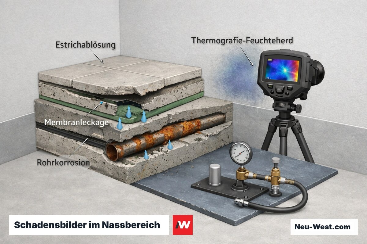 Querschnitt eines Nassbereichs mit Estrichablösung, Membranleckage, korrodiertem Rohr sowie Thermografie und Wasserdrucktest zur Feuchteortung.