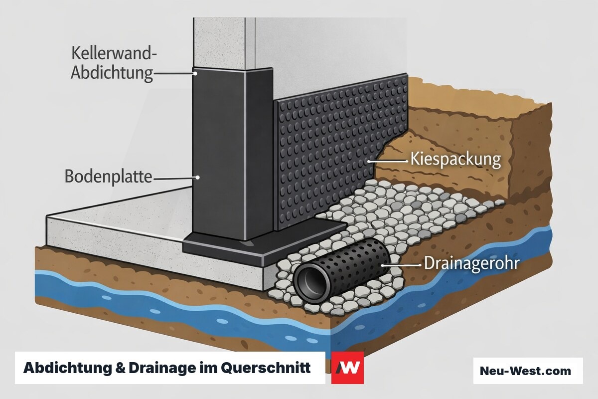 Querschnitt einer Kellerwand mit Bitumen-Abdichtung, Drainagerohr in Kiespackung und abgedichteter Bodenplatte am Fundament.