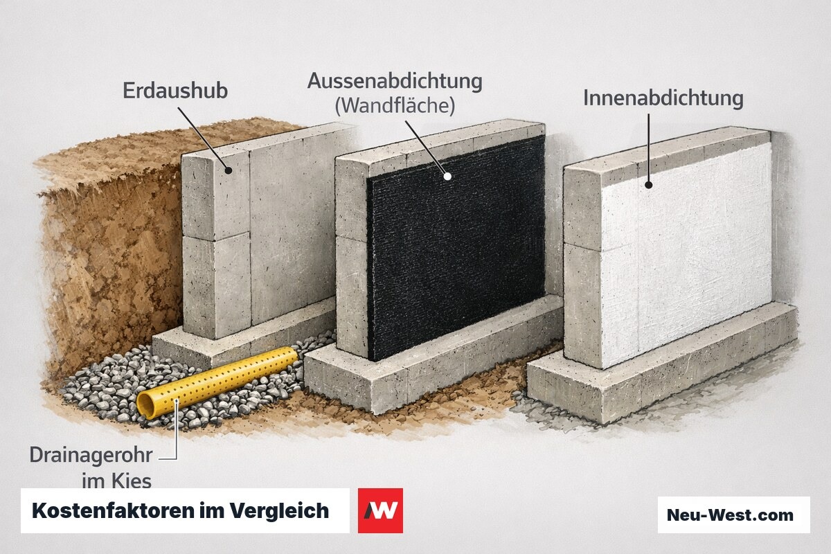 Querschnitt eines Kellers mit Drainage, freigelegter Außenabdichtung und Innenabdichtung als Vergleich der Kostenfaktoren bei Kellerabdichtung.