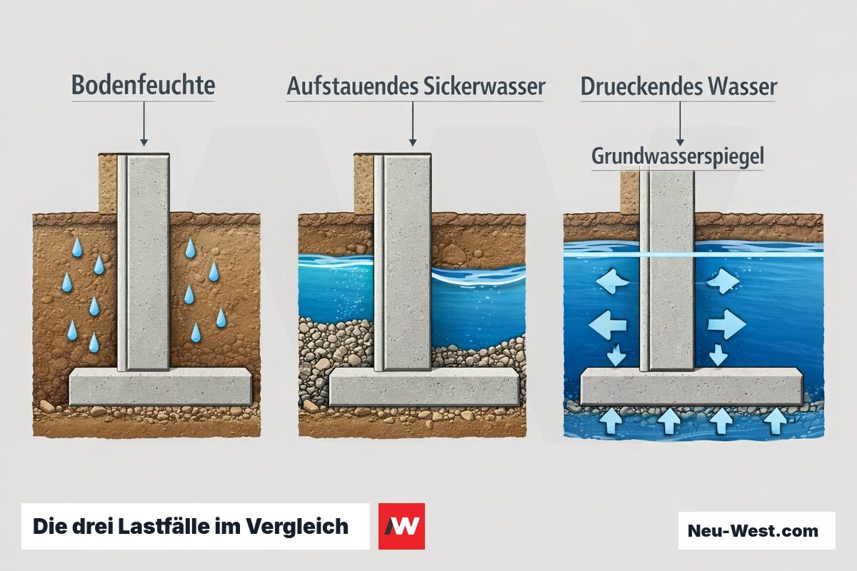 Vergleichsdiagramm der drei Lastfälle Bodenfeuchte, aufstauendes Sickerwasser und drückendes Wasser an einer Kellerwand mit Grundwasserspiegel.