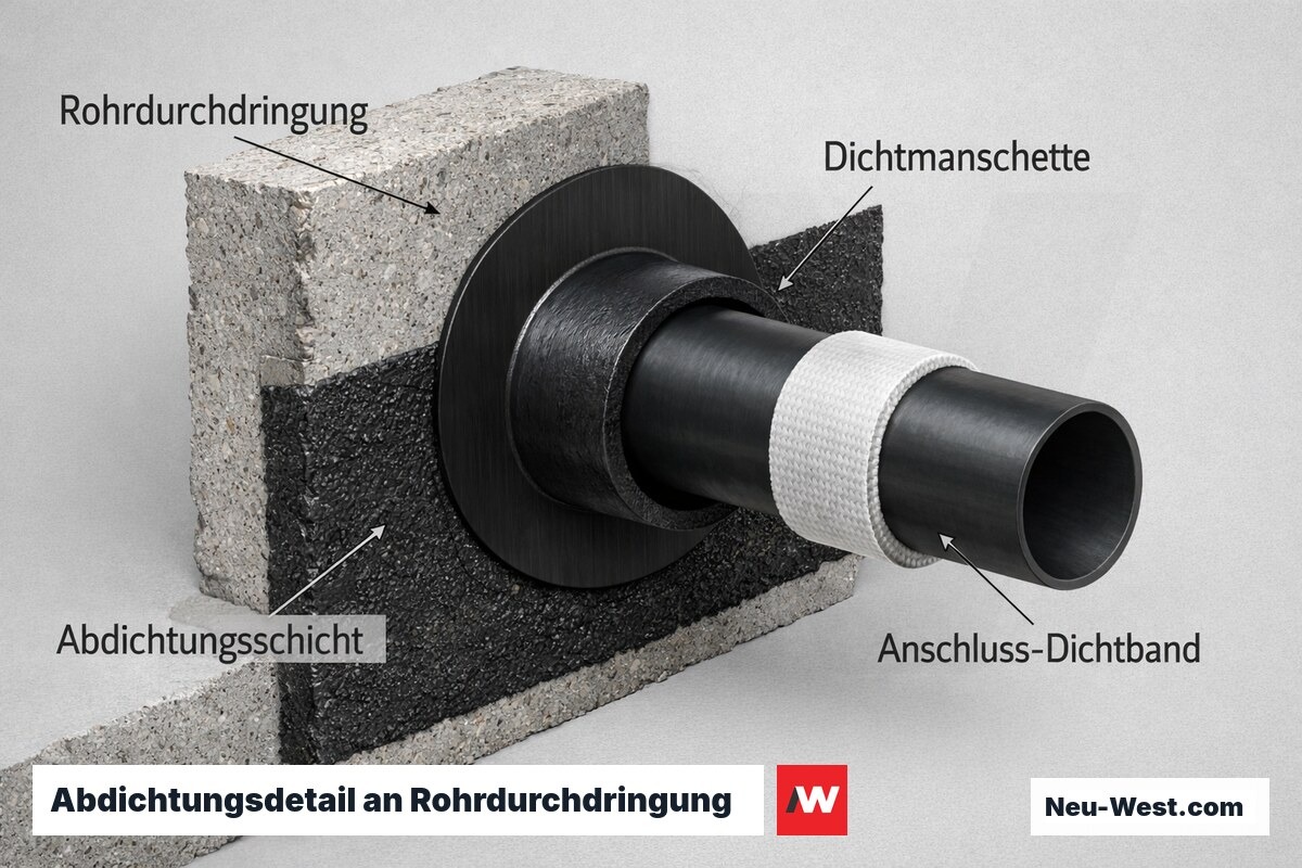 Detailschnitt einer Rohrdurchdringung mit Dichtmanschette, umlaufender Abdichtungsschicht und Anschluss-Dichtband als Qualitaetsmerkmal der Kellerabdichtung.