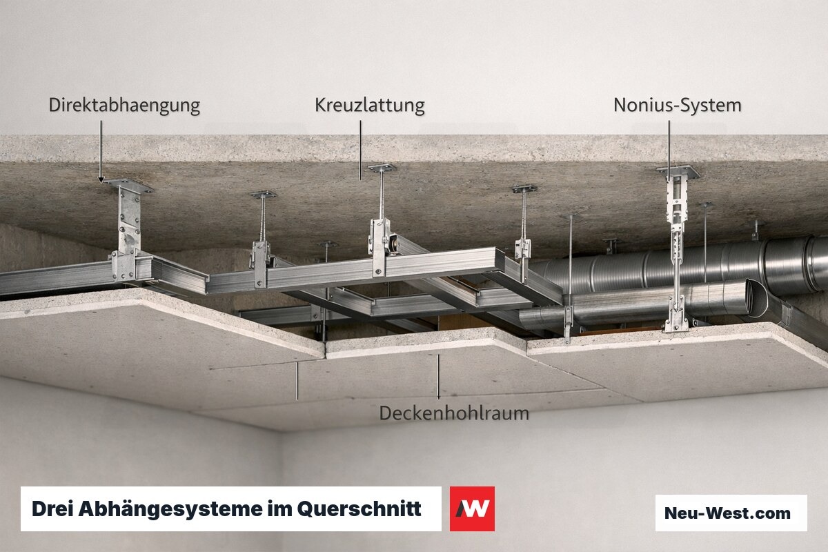 Schnittdarstellung einer abgehängten Decke mit CD-Profil-Direktabhängern, Mineralwolle im Hohlraum und Gipskarton-Beplankung