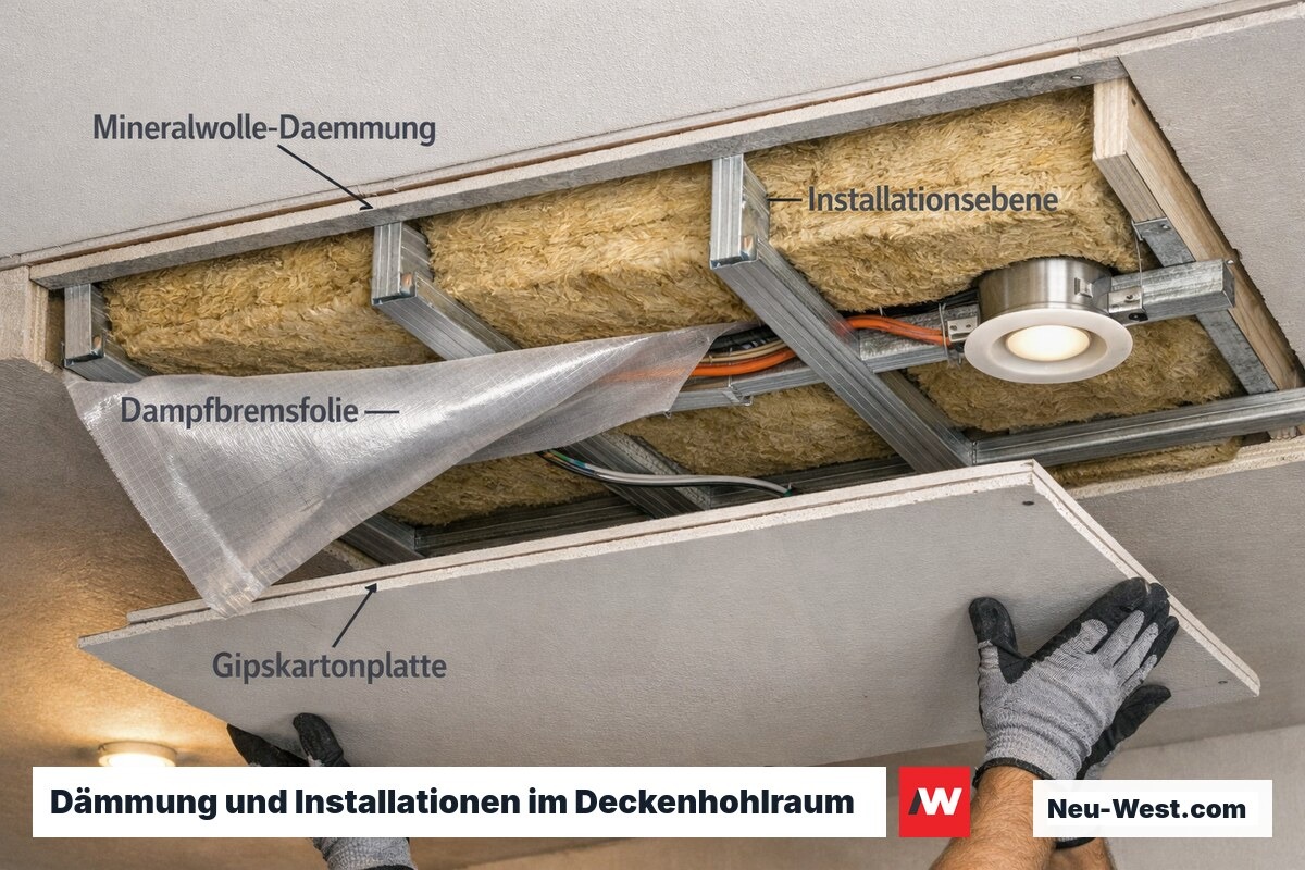 Vier Abhängetypen nebeneinander: Direktabhänger, Schnellabhänger, Nonius-Hänger und Drahtseil-Klemme an Betondecke