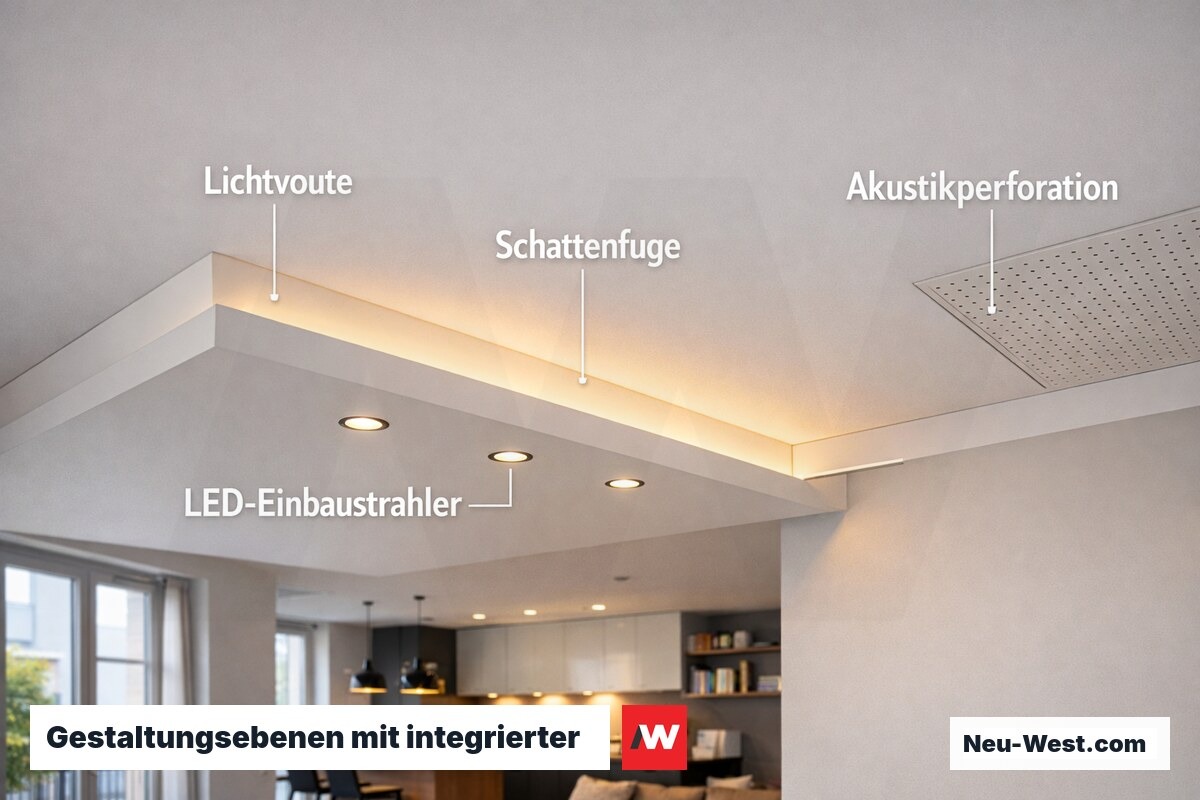 Berliner Altbau-Wohnraum mit abgehängter Decke halb geöffnet: Hohlraum mit Leitungen und Dämmung, fertig verkleidete Hälfte mit LED-Spots