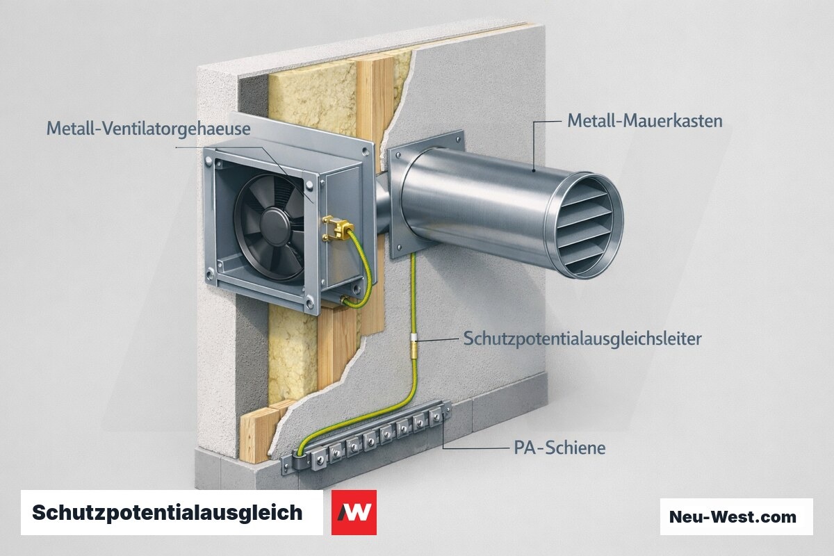 Querschnitt einer Feuchtraum-Lüfterinstallation: Metallgehäuse und Mauerkasten über grün-gelben PA-Leiter mit der PA-Schiene verbunden.
