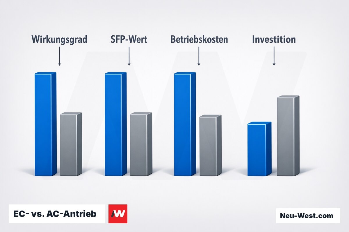 EC- vs. AC-Antrieb: Wirkungsgrad und SFP-Klasse im Vergleich – Erklär-Grafik (NEUWEST Berlin)