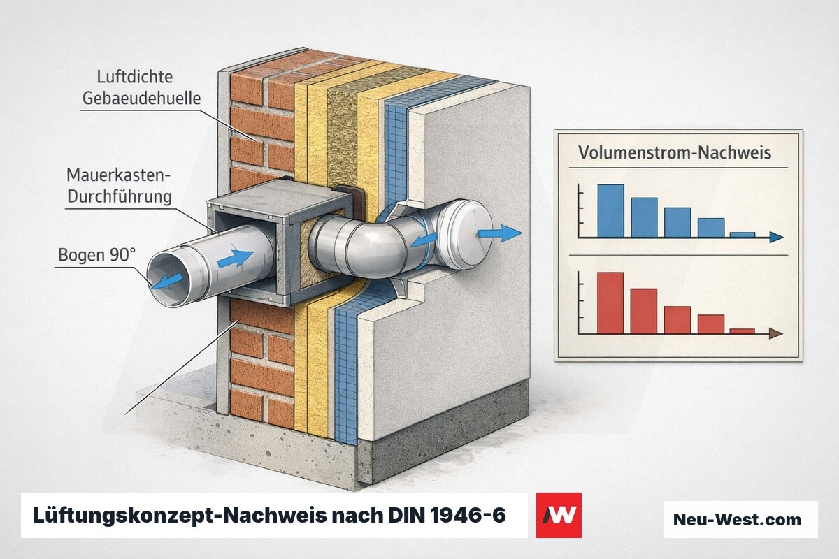Cutaway einer luftdichten Gebäudehülle mit Lüftungsrohr, Bogen und Mauerkasten sowie schematischem Volumenstrom- und Druckabfall-Nachweis nach DIN 1946-6.