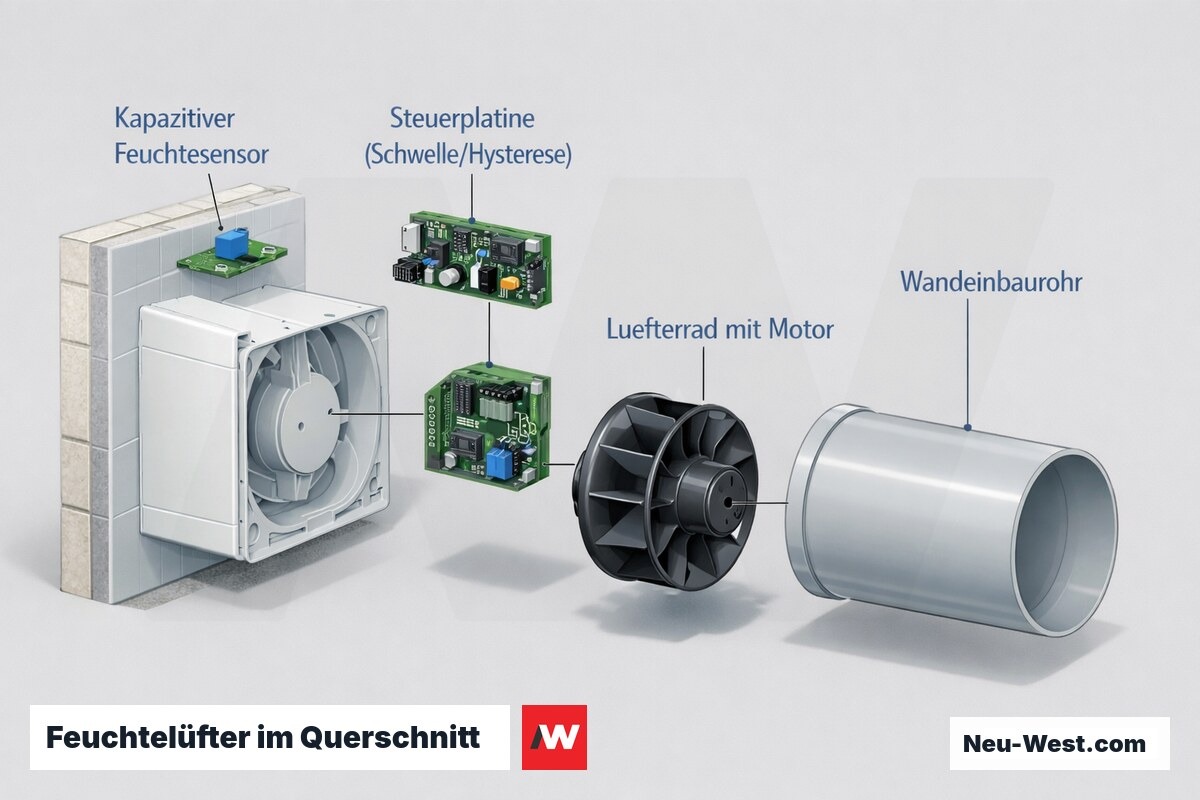 Querschnitt eines Bad-Feuchtelüfters mit kapazitivem Sensor, Steuerplatine, Lüfterrad und Wandrohr zur Erklärung von Ansprechschwelle und Sensordrift.