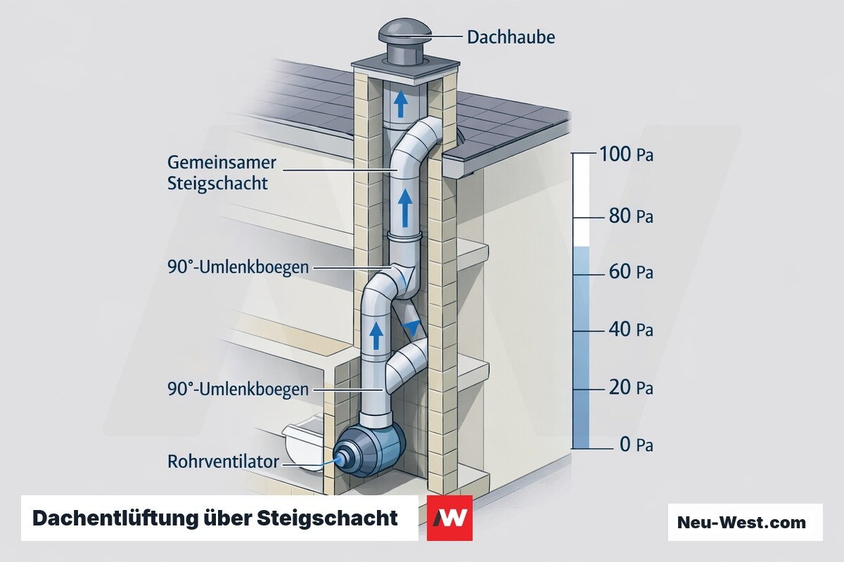 Querschnitt eines Berliner Mietshauses mit gemeinsamem Abluft-Steigschacht, Rohrventilator, zwei Umlenkbögen und Dachhaube samt Druckverlust-Skala.