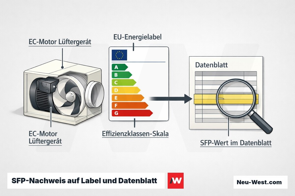 Erklär-Illustration: EC-Lüftergerät mit EU-Energielabel und technischem Datenblatt, SFP-Wert und Effizienzklasse als Konformitätsnachweis hervorgehoben.