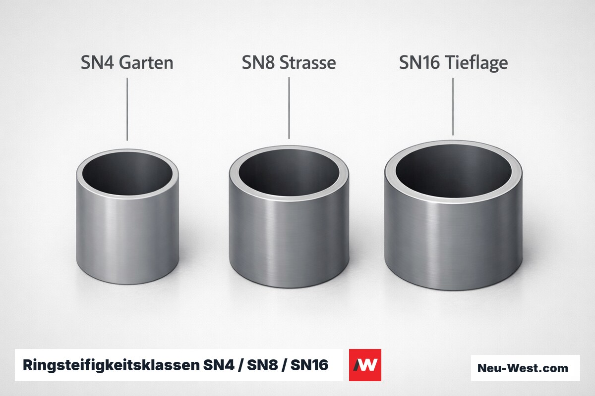 Ringsteifigkeitsklassen SN4 / SN8 / SN16 im Vergleich – Erklär-Grafik (NEUWEST Berlin)