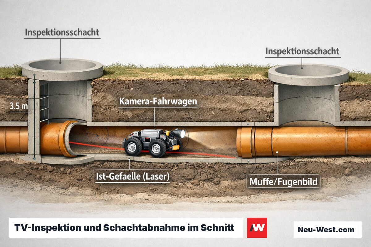 Schnittdarstellung einer Kanalhaltung zwischen zwei Schächten mit CCTV-Kamerafahrwagen, Lasergefällemessung, Muffenverbindungen und Einbautiefe für die Kameraabnahme.