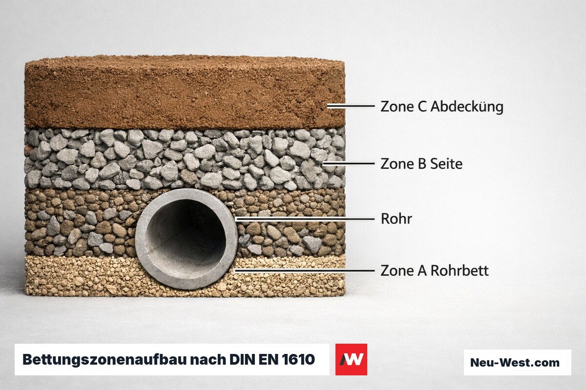 Bettungszonenaufbau nach DIN EN 1610 – Erklär-Grafik (NEUWEST Berlin)