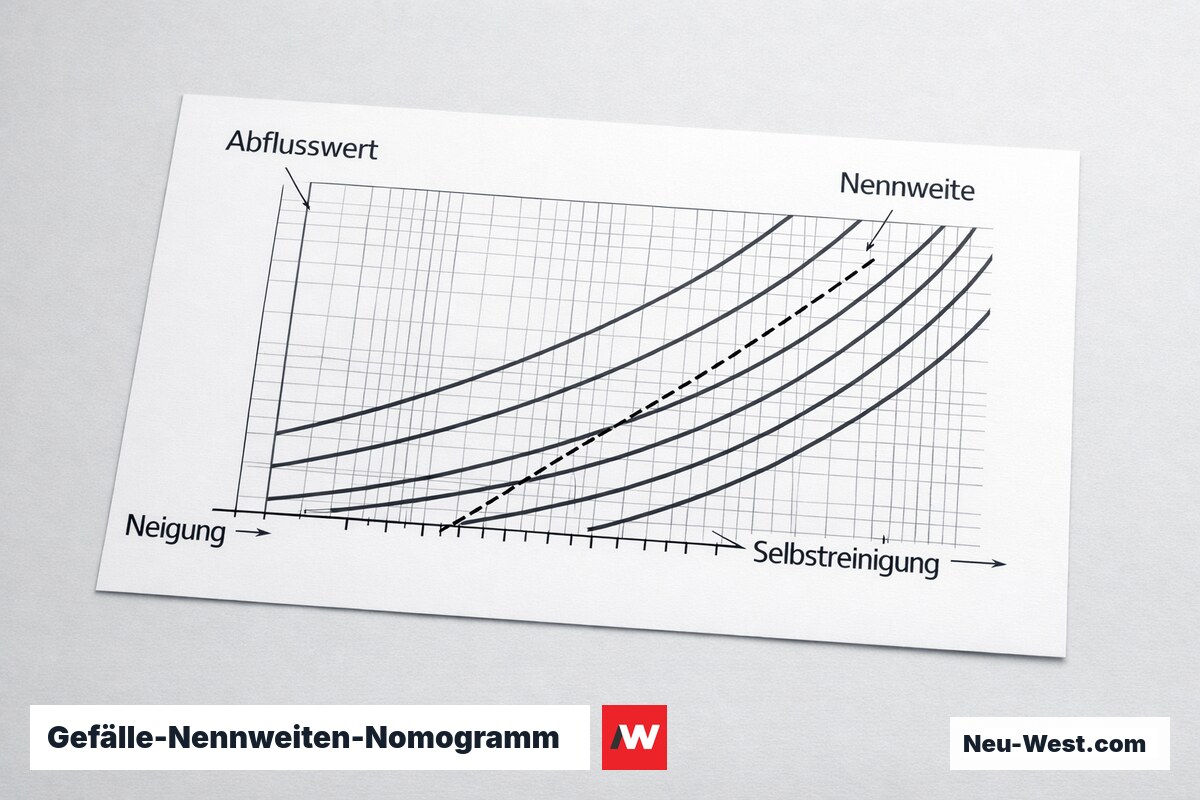Gefälle-Nennweiten-Nomogramm nach DIN EN 12056-2 – Erklär-Grafik (NEUWEST Berlin)
