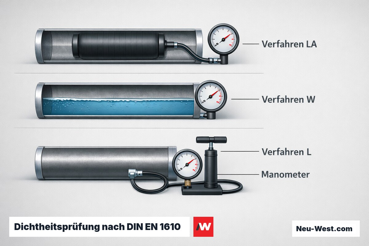 Dichtheitsprüfung nach DIN EN 1610 — Verfahren L, W und LA – Erklär-Grafik (NEUWEST Berlin)