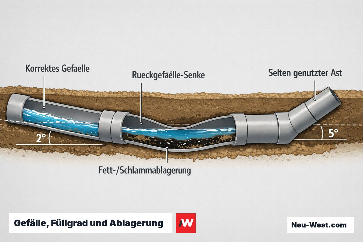 Rohr-Längsschnitt: korrektes Gefälle mit Spülstoß, Rückgefälle-Senke mit stagnierendem Wasser und Fettablagerung sowie selten genutzter Anschlussast.